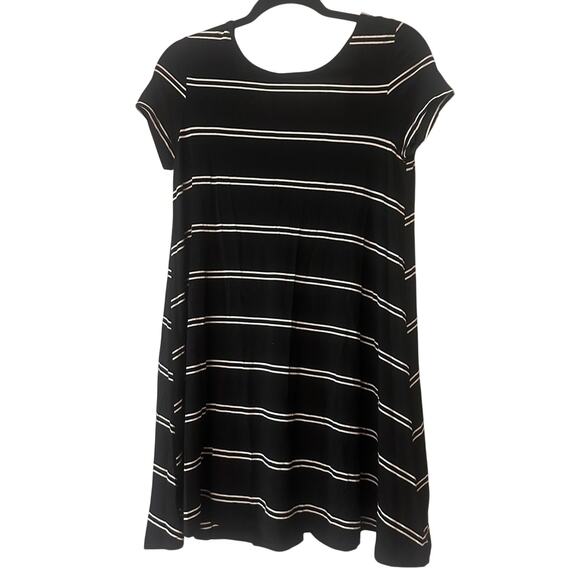 Olivaceous black and white striped scoop back mini tee shirt ss dress in medium - Picture 1 of 5